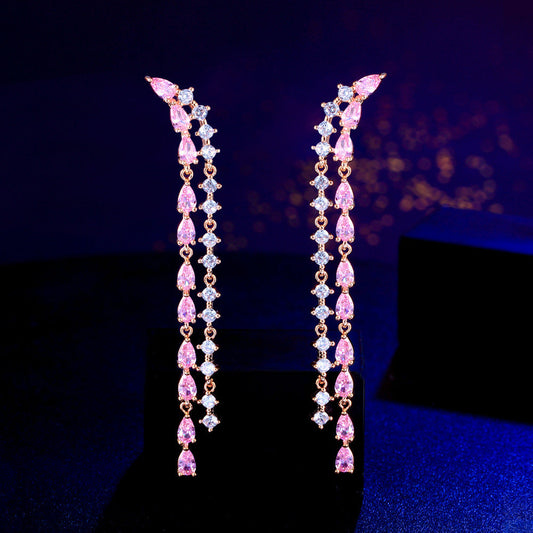 S925 silver thread fresh and sweet fairy-style powder diamond long dangling earrings with ultra-shiny full-zirconia and versatile ear pendants