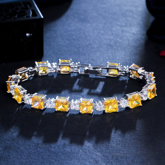 Simple style geometric square zirconia bracelet,yellow copper plated gold jewelry accessory