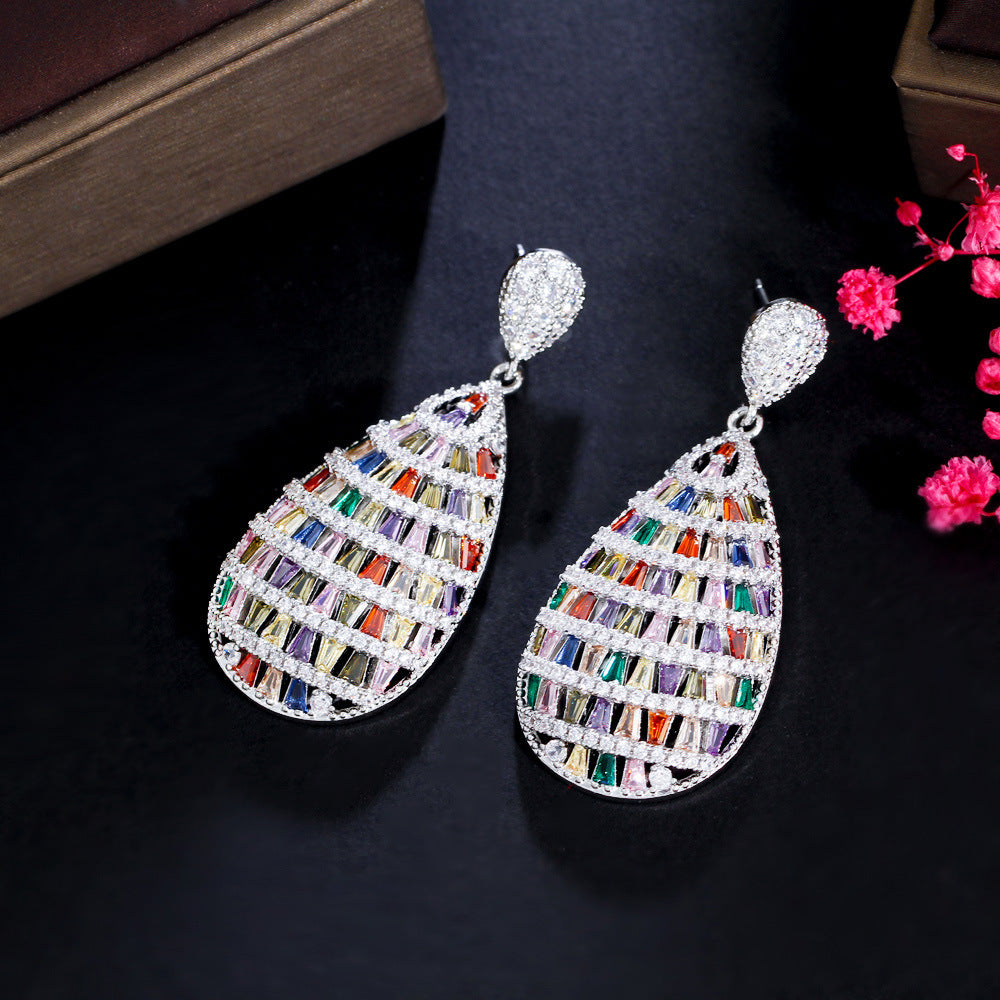 Fashion Heavyweight Elegant Colorful Gemstone Three-Dimensional Earrings Slimming Effect Slightly Set-in Zirconia Hollow Ear Accessories
