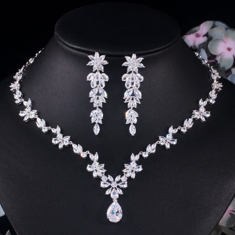 Korean wholesale wedding jewelry - diamond-set zirconian brides' necklaces earrings, bracelet wedding dress accessories two-piece set of jewelry