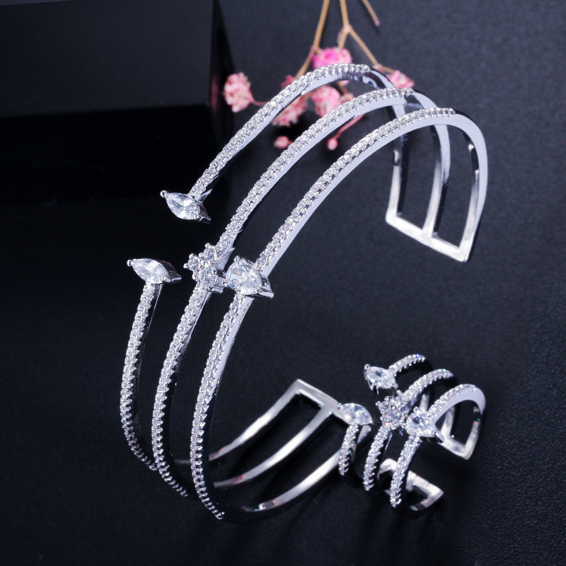 Best-selling three-row micro-set zirconia open bracelet ring, eco-friendly copper electroplated 18K gold