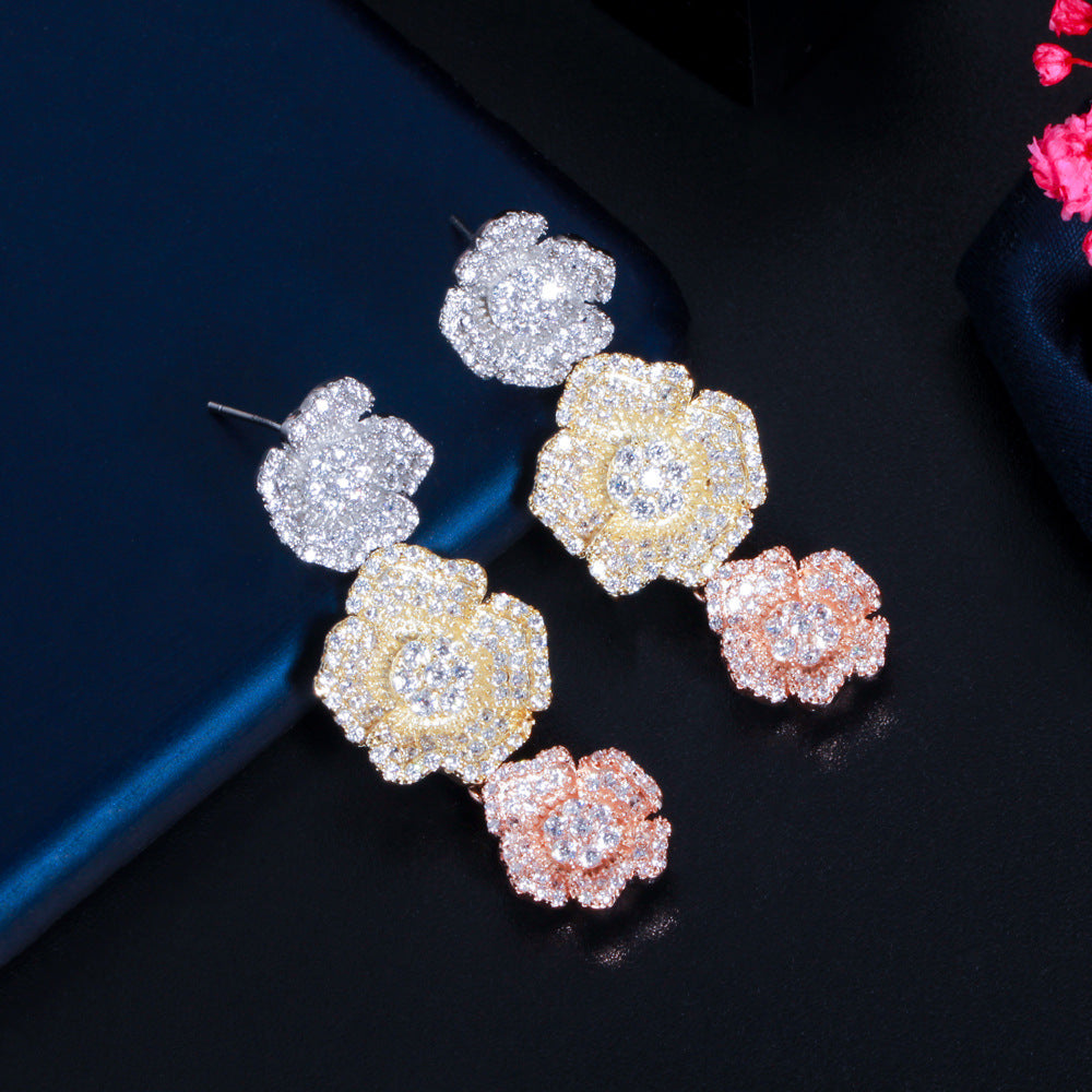 Korean style fashionable zircon long-stemmed three-dimensional flower S925 silver stud earrings in three colors - rose flower earrings accessory