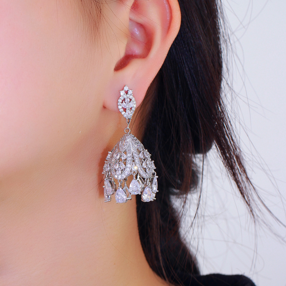 S925 silver filigree light luxury imperial style full-zircon hollow earpiece earrings with Chinese style water-drop pendant and zircon ear studs
