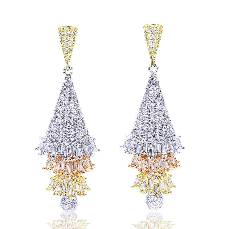 Guangzhou Popular Accessories - European-style Micro-Inset Zirconia Three-Color Crafted Three-Dimensional Skirt Earrings Christmas Tree Earrings Manufacturer
