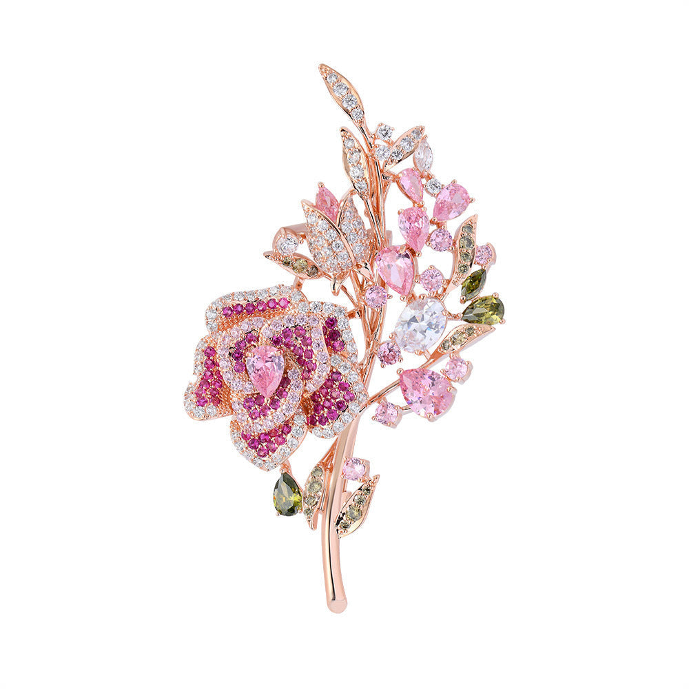 Korean luxury casual pink zirconium rose bouquet brooch brooch with tiny zirconium gemstones zirconium flower pin for evening dress accessories