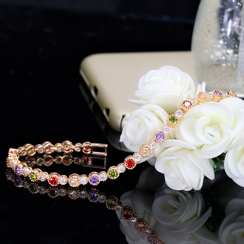 Best-selling European and American trendy luxurious colorful 3A zirconia bracelet Environmentally friendly copper electroplating with genuine gold for long-lasting color retention
