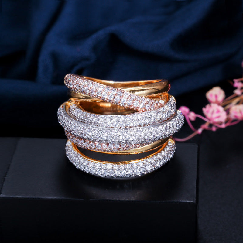 European and American personalized creative ring with micro-set five-row AAA zirconia stonesGuaranteed color stability