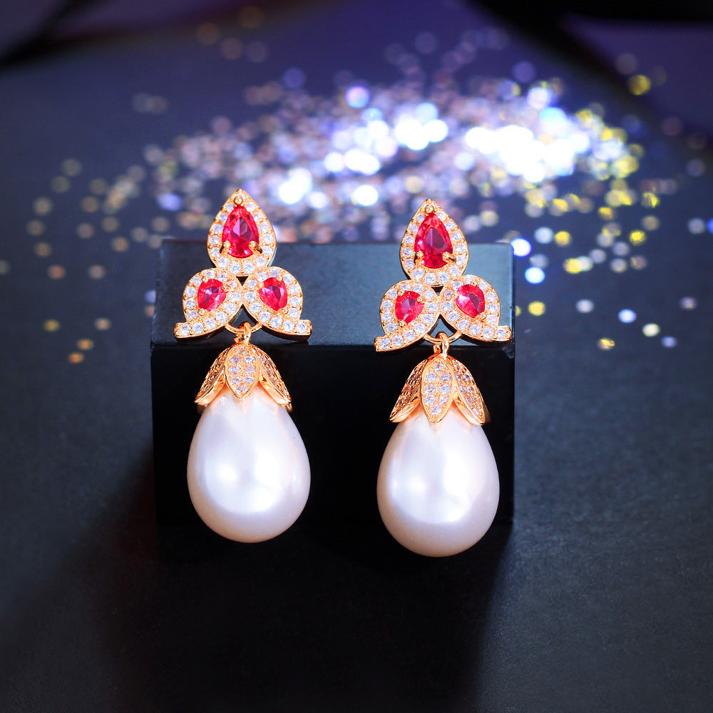 S925 silver needle luxury retro pearl teardrop earrings Chinese trend-themed niche micro-set zircon and pearl earrings accessory