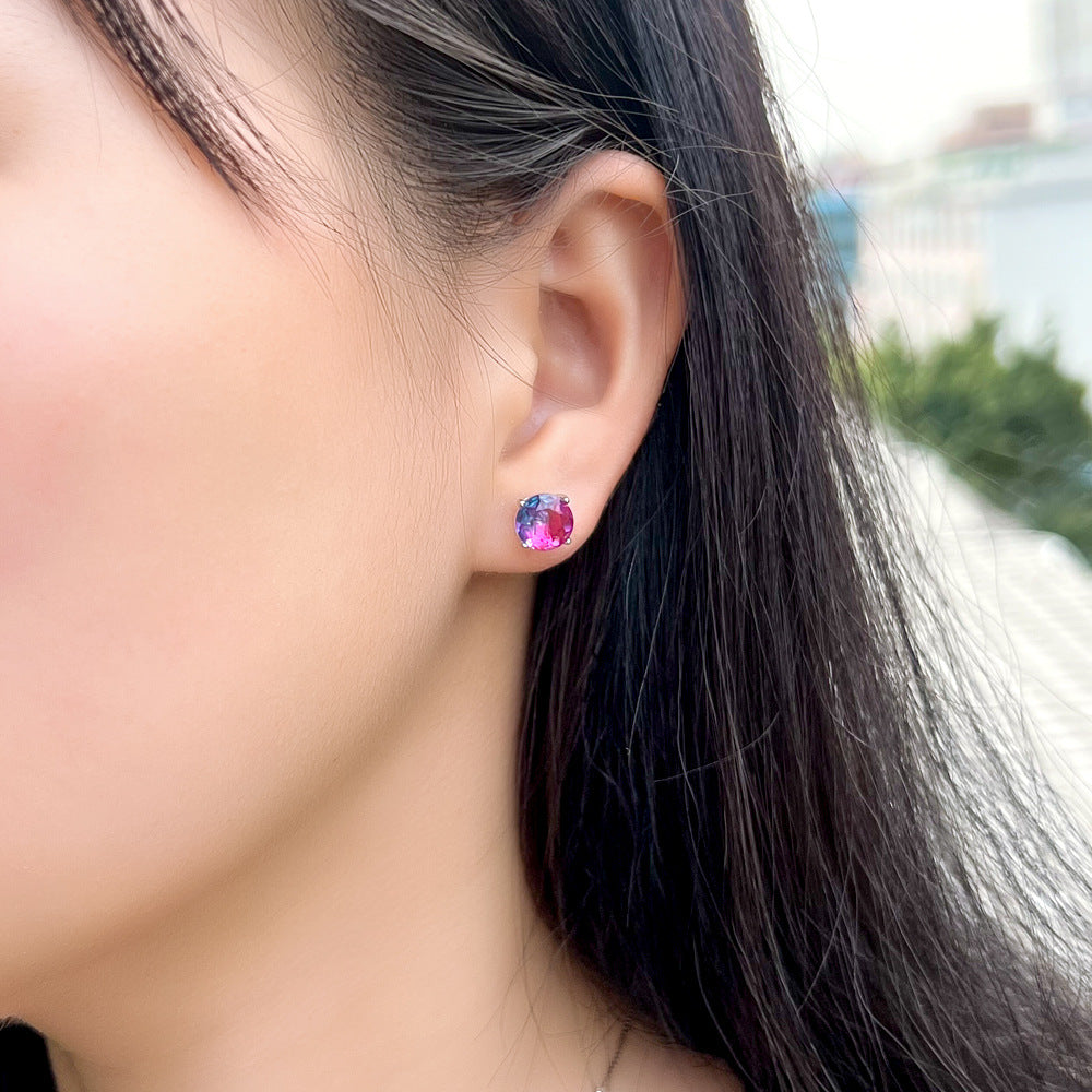 European and American cross-border luxury classic four-prong small stud earrings with round gradient tourmaline stone 8MM fashionable earrings