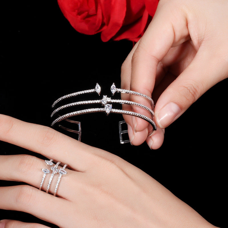Best-selling three-row micro-set zirconia open bracelet ring, eco-friendly copper electroplated 18K gold