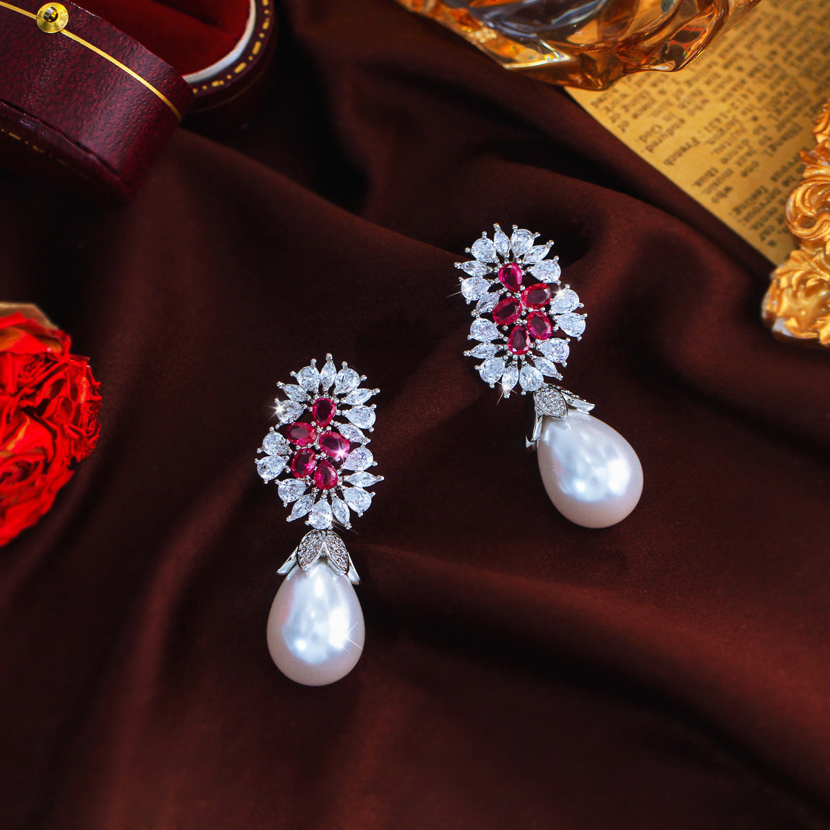 S925 silver needle European-style retro full-set zirconia and pearl stud earrings for women light luxury retro charm court style ear ornaments