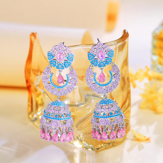 S925 silver needle luxury glittering with full diamonds heavy-weight three-dimensional wind chime long-style ear pendant with micro-set colored zircon bells earrings accessory