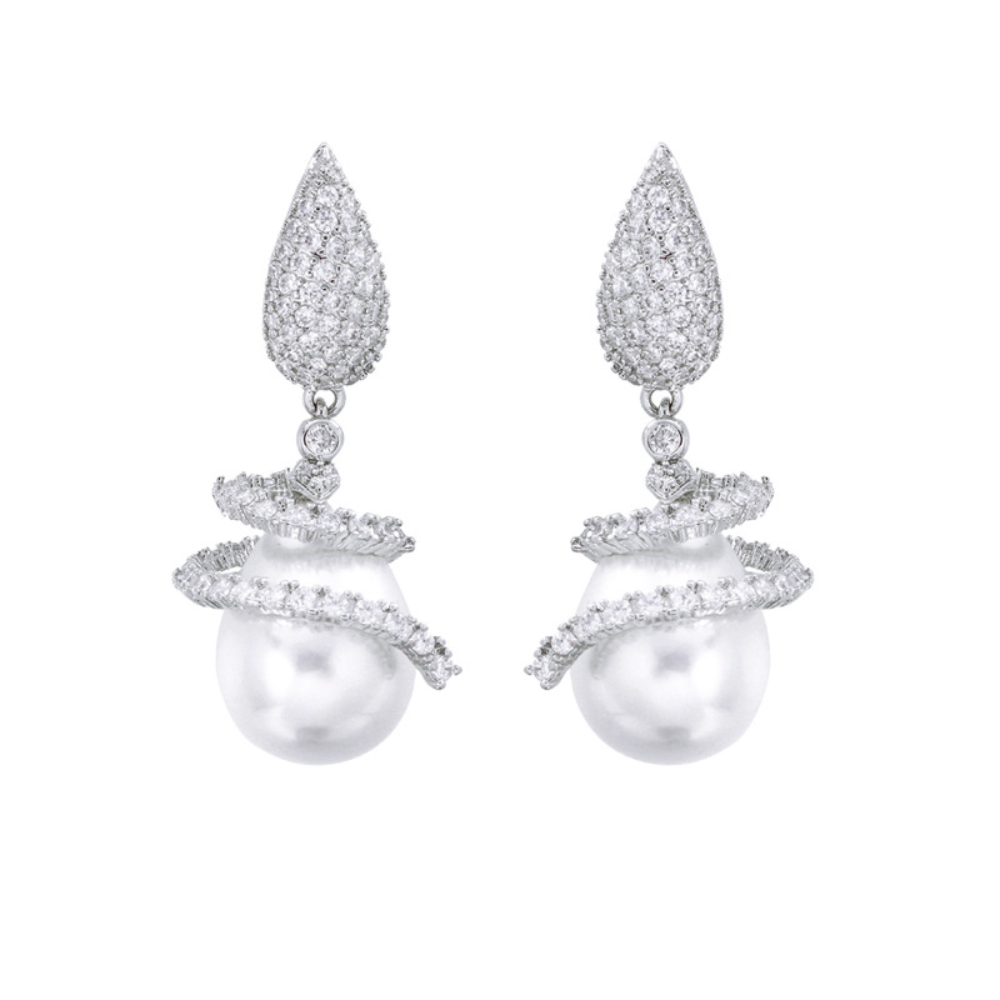 French-style high-end minimalist geometric line pearl earrings with micro-set zirconia - stylish accessories for autumn and winter