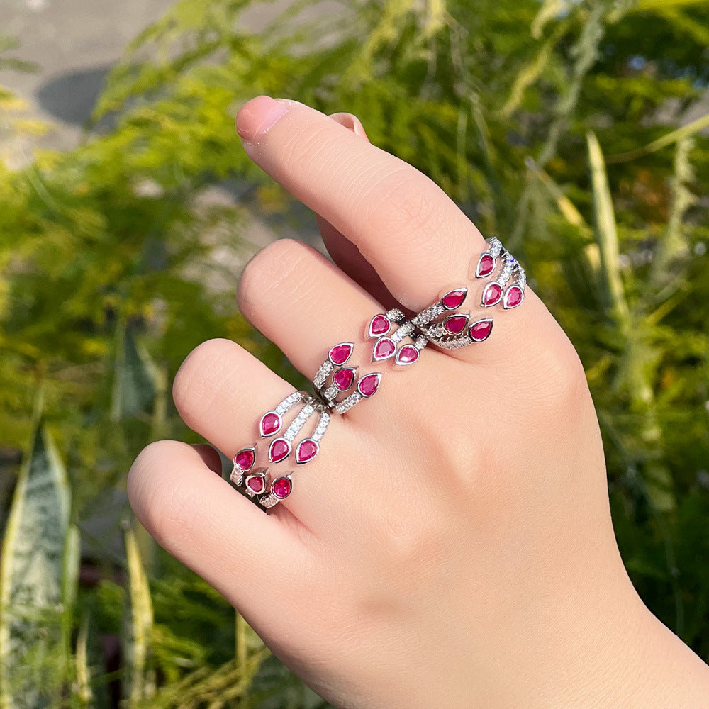 Japanese and Korean sweet waterdrop ruby ring with tiny inlaid zircons a unique design with a high-end touch a three-row handpiece ring