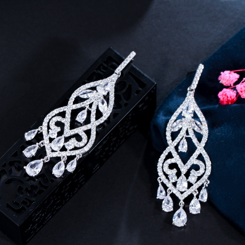 European-style fashionable long fringed earrings with AAA quality zirconia bridal earrings for women ear accessories