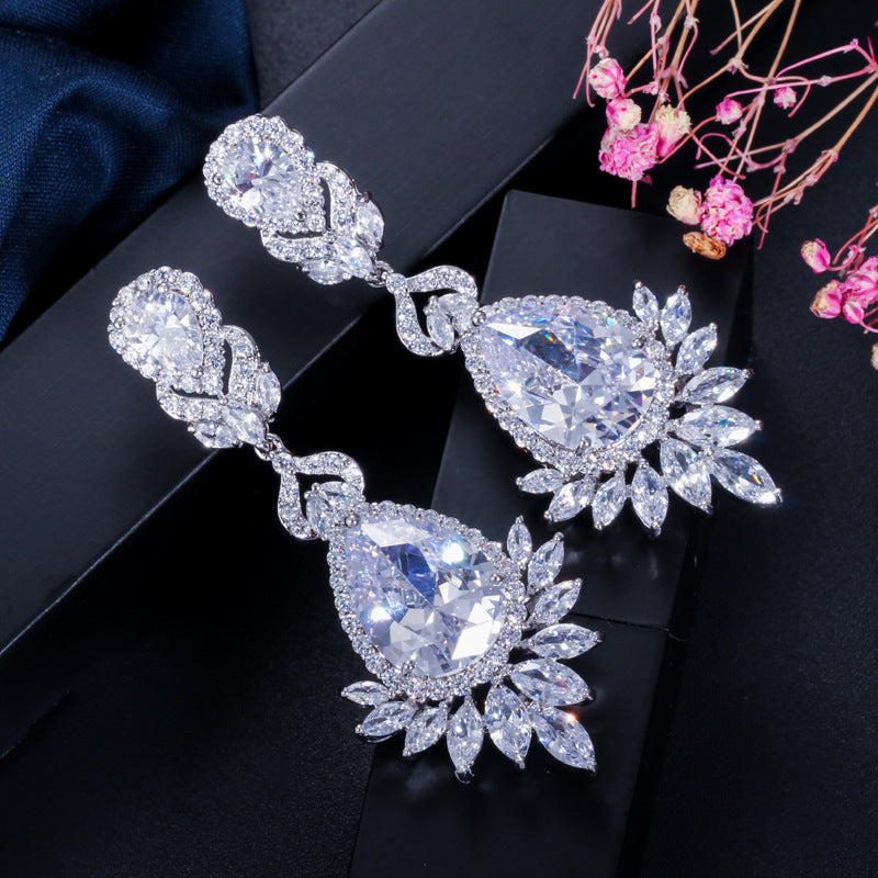 Korean version ultra-shiny micro-set AAA zirconia drop earrings earpiece