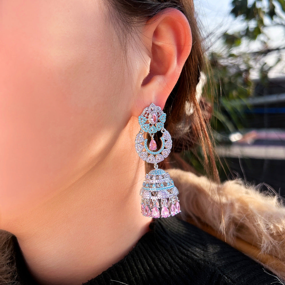 S925 silver needle luxury glittering with full diamonds heavy-weight three-dimensional wind chime long-style ear pendant with micro-set colored zircon bells earrings accessory