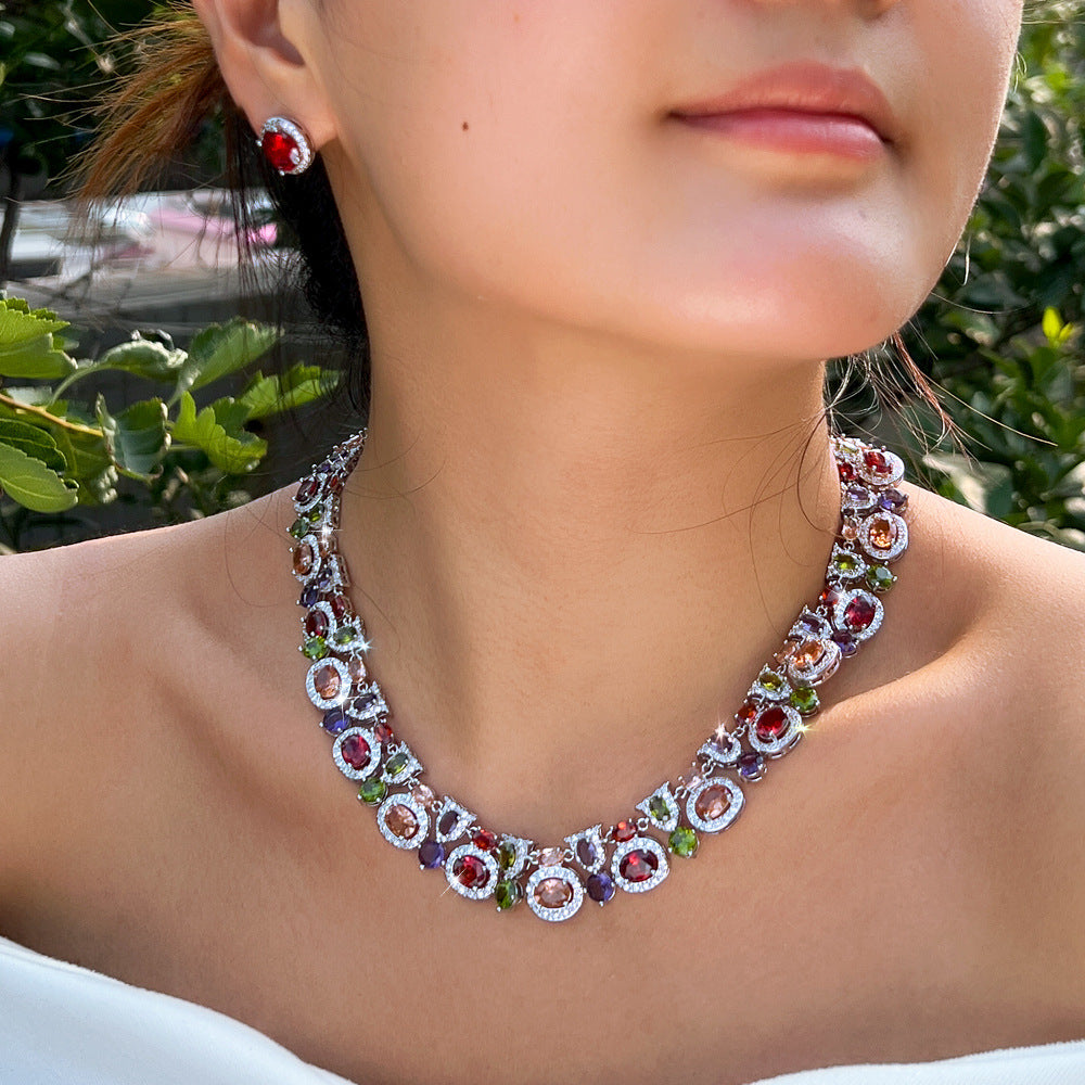 Vintage zirconian wedding dress evening gown necklace earring set classic and versatile royal style long chain set