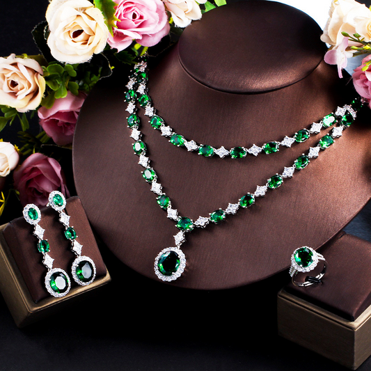 Heavy Industry Design Emerald Gemstone Necklace Earrings Ring Bracelet Set with Precious Zirconia - Bridal Wedding Dress Accessories