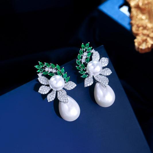 S925 silver needle luxury three-dimensional pearl flower style national trend ear jewelry new Chinese style zirconium stone inlaid pearl earrings