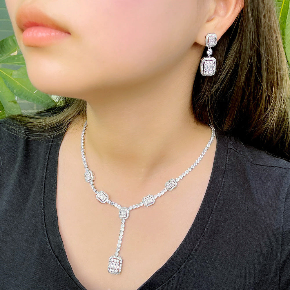 European and American bride jewelry set - dazzling zircon wedding necklace earrings two-piece chain evening gown dress wedding accessory set
