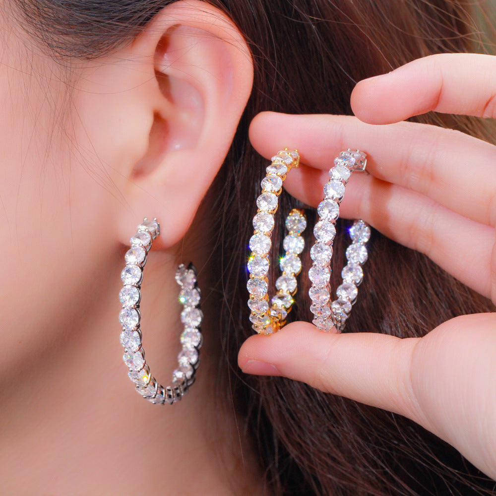 S925 pure silver needle fashion zirconia earrings with large round ear hooks cool style suitable for girls simple and elegant Korean-style earrings