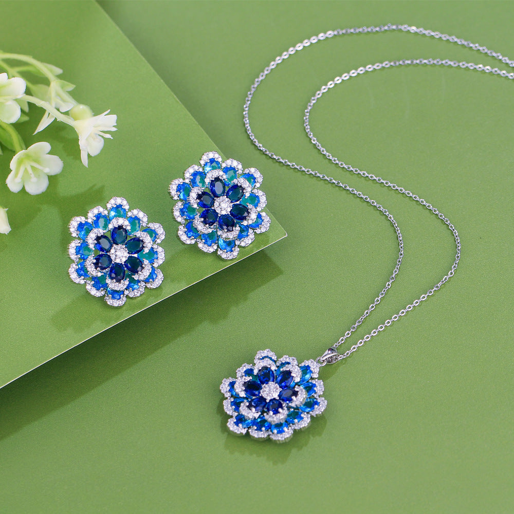 S925 silver needle French-style minimalist vintage double-layer three-dimensional full-diamond blue flower necklace stud set chain zirconium jewelry set