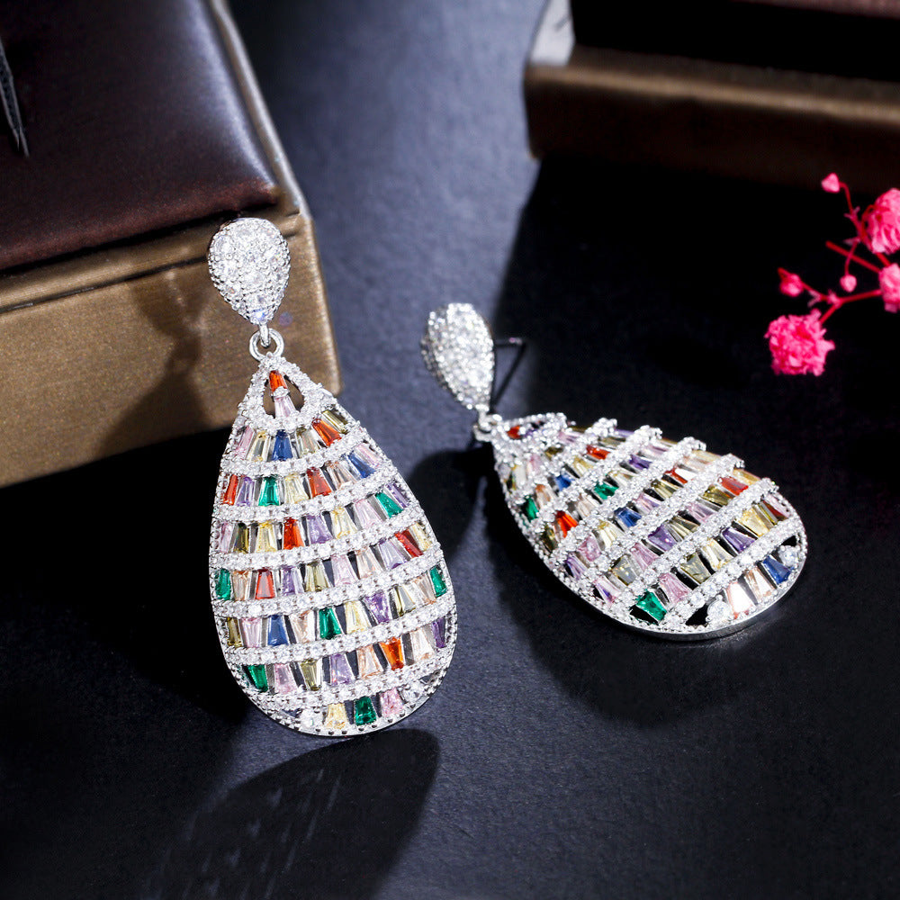 Fashion Heavyweight Elegant Colorful Gemstone Three-Dimensional Earrings Slimming Effect Slightly Set-in Zirconia Hollow Ear Accessories