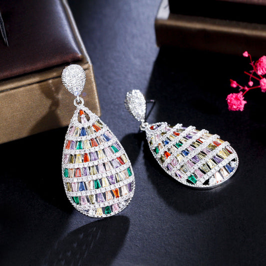 Fashion Heavyweight Elegant Colorful Gemstone Three-Dimensional Earrings Slimming Effect Slightly Set-in Zirconia Hollow Ear Accessories