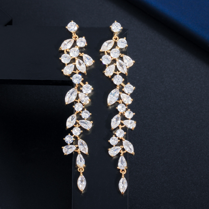 Korean-style classic petal long-drop drop-sleeve earrings with zircon and full-diamond inlay trendy earrings