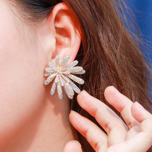 European and American fashion three-layered multi-layered flower-shaped zirconia stud earrings Full-diamond brass three-color electroplated sunflower style earrings