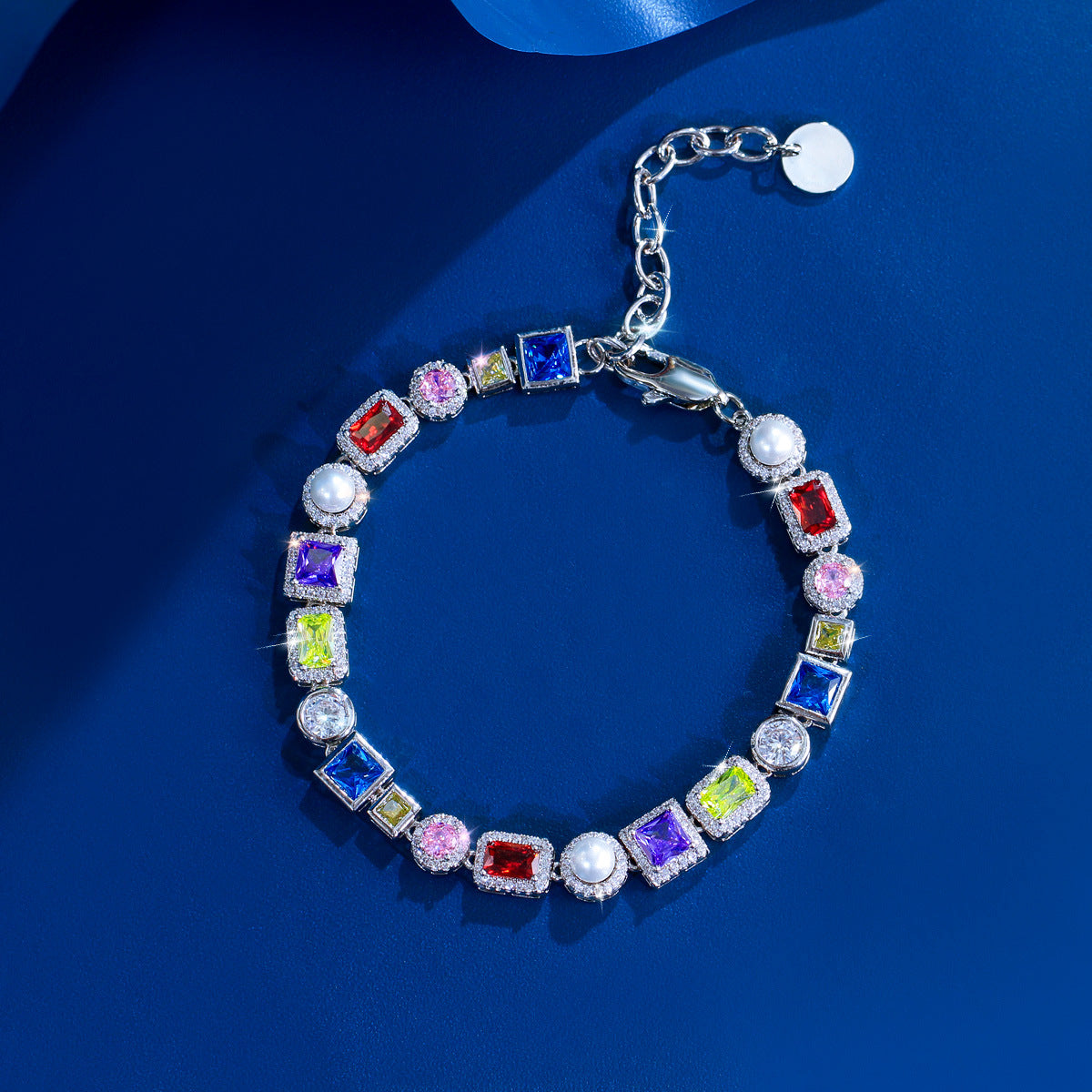 European and American high-end casual colored zirconia bracelethip-hop stylemen's and women's versiontrendy shell and pearl inlaid with diamonds rainbow style jewelry accessory