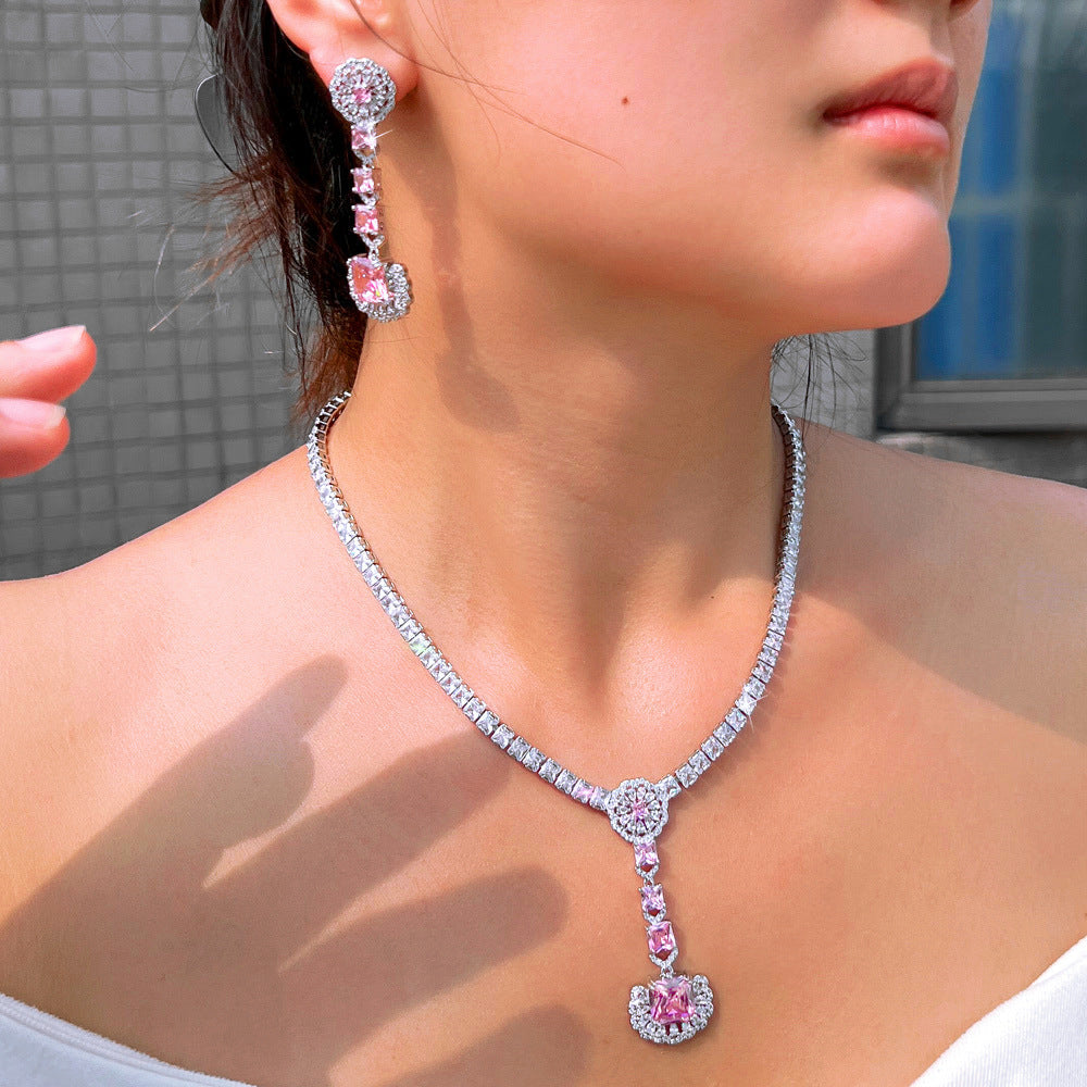 Korean version luxurious bridal banquet necklace earrings and ring set - super shiny zirconia earrings pendant-style earrings with elegant design