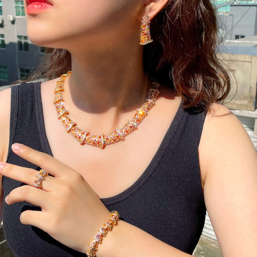 European and American fashion colored zircon jewelry set - including a wedding dress chain wedding dress evening gown necklace earrings ring bracelet and anklet set