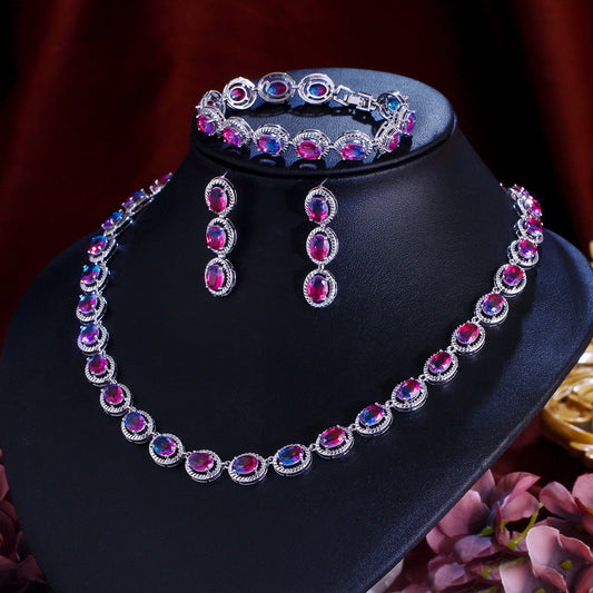 European and American necklace, earrings and bracelet with zirconium stones - bridal wedding dress high-end jewelry elegant set - three-piece suit for formal evening wear