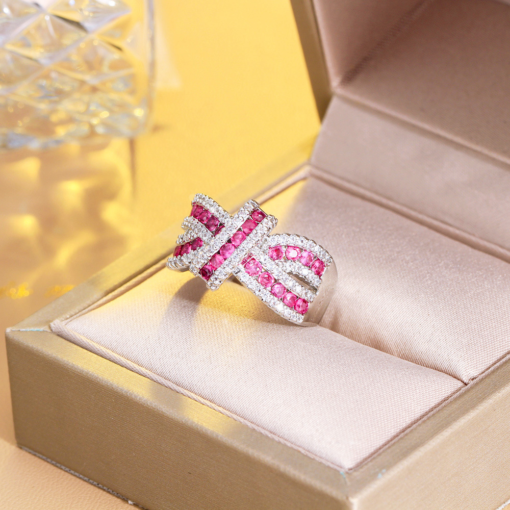 Luxury chic sparkling three-dimensional bow set with diamonds open ring irregular strip-shaped crossed zirconium ring finger ring