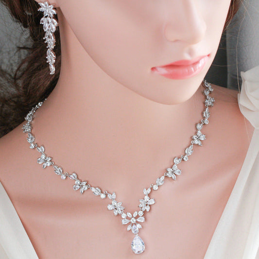Korean wholesale wedding jewelry - diamond-set zirconian brides' necklaces earrings, bracelet wedding dress accessories two-piece set of jewelry