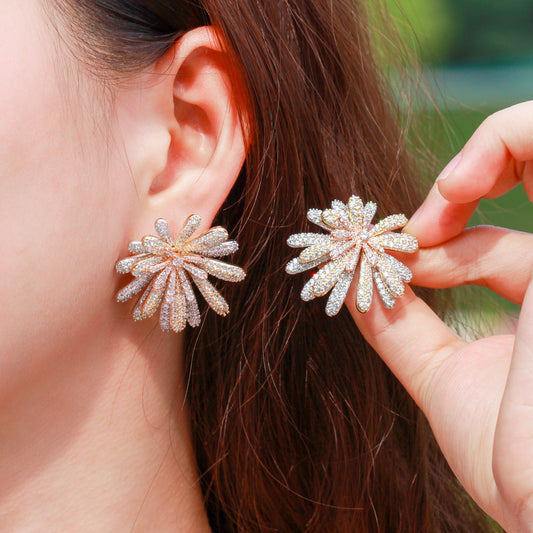 European and American fashion three-layered multi-layered flower-shaped zirconia stud earrings Full-diamond brass three-color electroplated sunflower style earrings