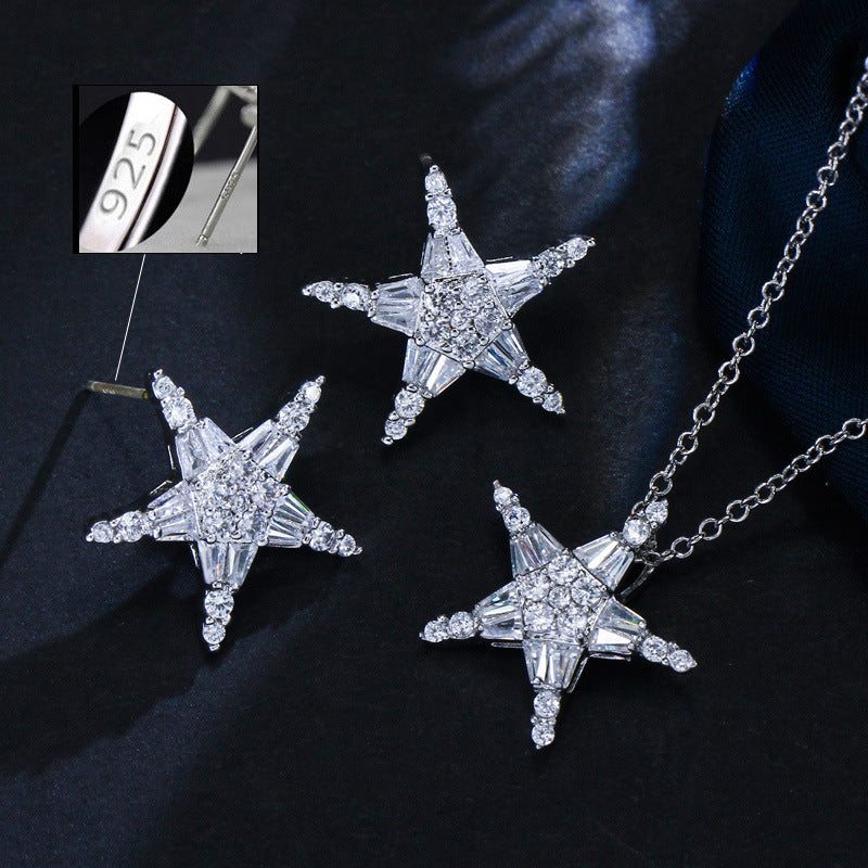 Korean version simple and versatile ear jewelry necklace pendant set S925 pure silver pin high-end micro-set zirconia stones