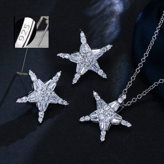 Korean version simple and versatile ear jewelry necklace pendant set S925 pure silver pin high-end micro-set zirconia stones