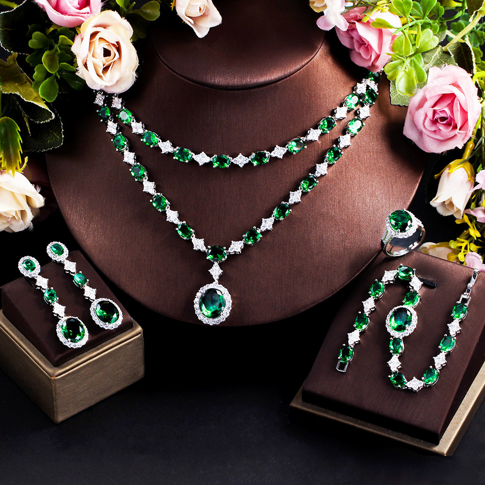 Heavy Industry Design Emerald Gemstone Necklace Earrings Ring Bracelet Set with Precious Zirconia - Bridal Wedding Dress Accessories