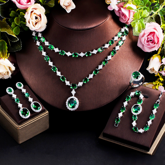 Heavy Industry Design Emerald Gemstone Necklace Earrings Ring Bracelet Set with Precious Zirconia - Bridal Wedding Dress Accessories