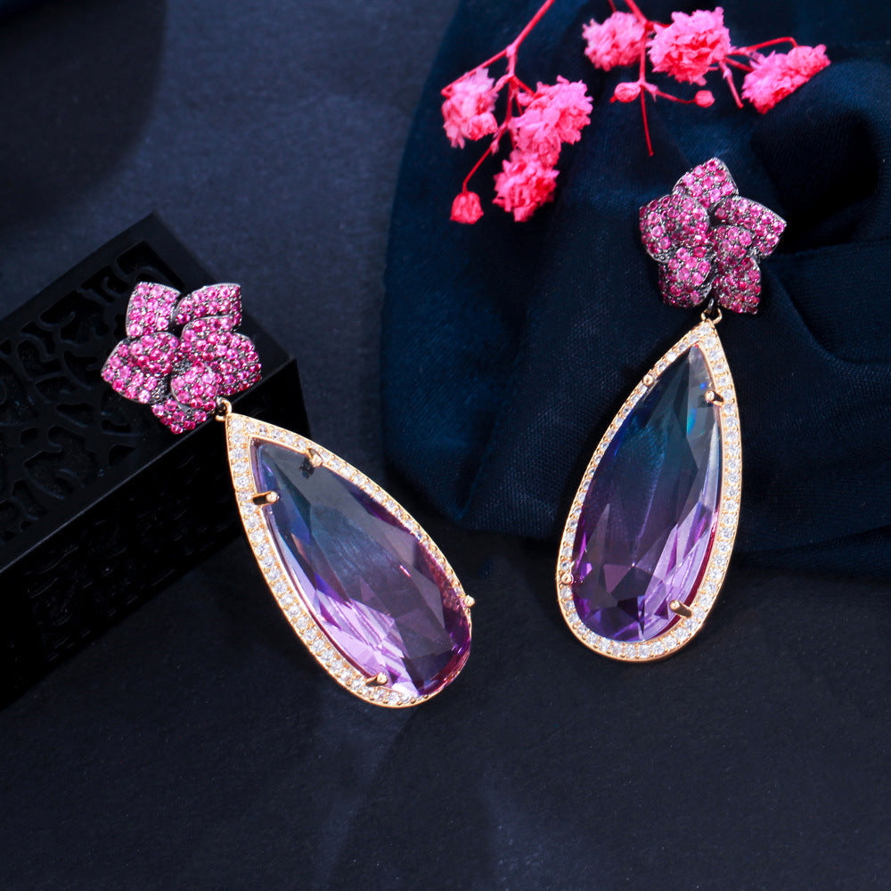 European and American exaggerated and indifferent style stud earrings with zircon stones S925 silver hooks formal evening wear simple water-drop style long earrings