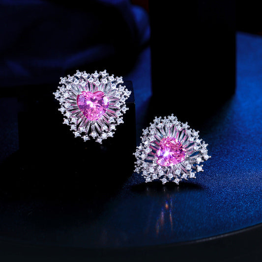 S925 silver filigree light luxury heart-shaped zirconia sparkling fireworks earrings - ultra-shiny and elegant court-style diamond stud earrings