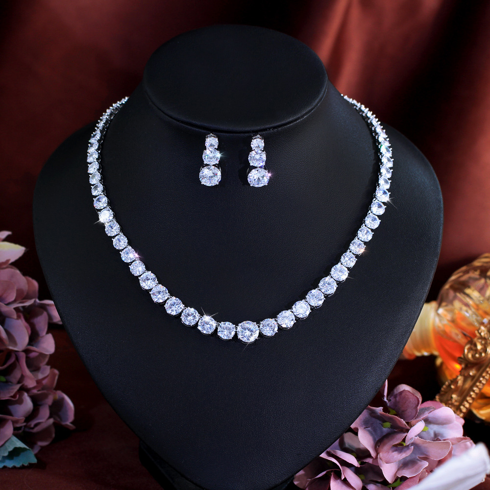 European and American fashion full-diamond zirconia bridal necklace and earrings set wedding dress evening party accessories jewelry