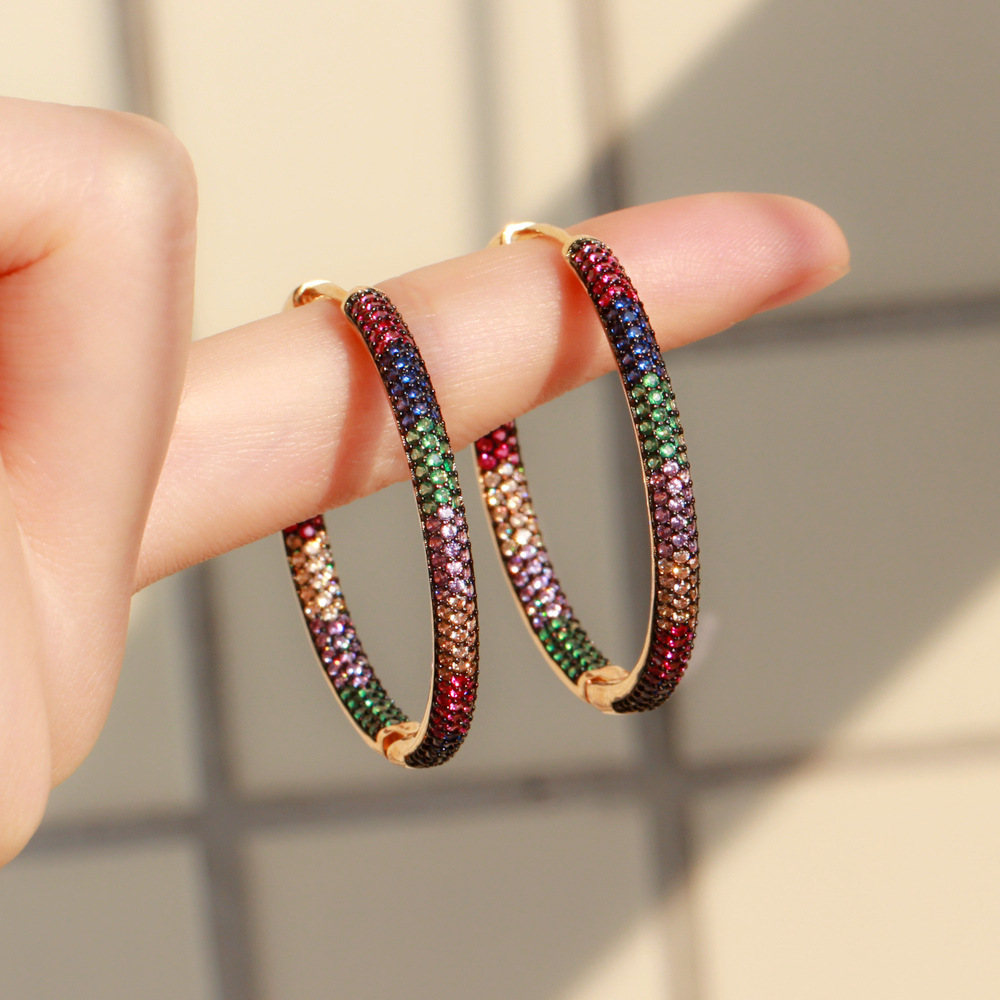 European and American popular jewelry - large earrings with micro-set colored zirconia gold and black gold electroplated ear stems elegant earrings