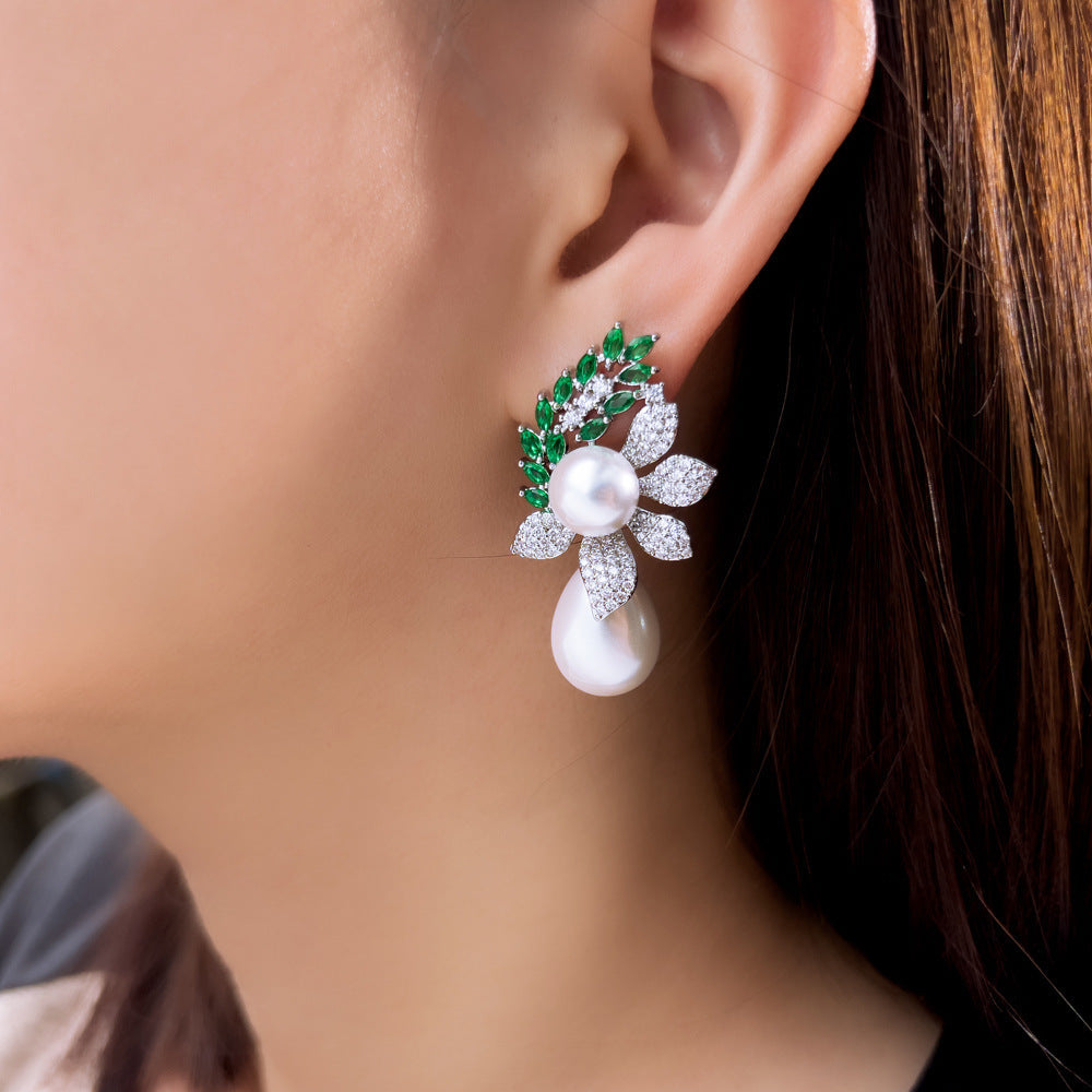S925 silver needle luxury three-dimensional pearl flower style national trend ear jewelry new Chinese style zirconium stone inlaid pearl earrings