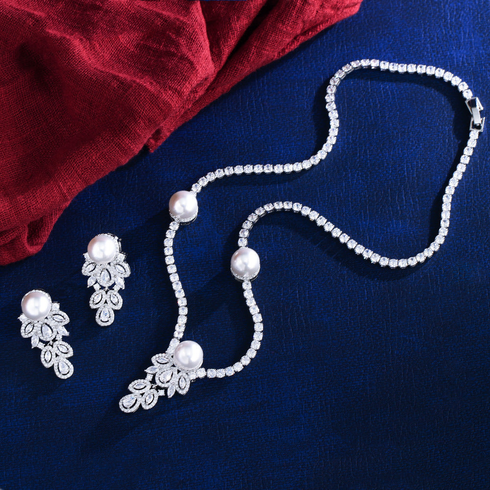High-end pearl necklaces and earrings set - formal dress wedding banquet accessories necklace earrings chain set