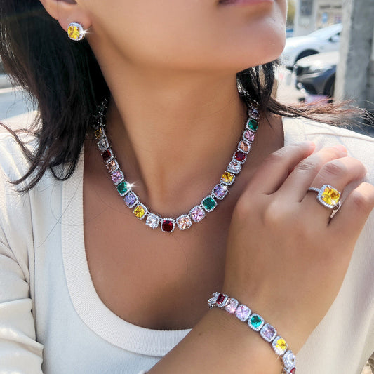 Jewelry set: Dopamine geometric cube zirconia necklace earrings bracelet ring - a set of four pieces Chain for evening dress accessories