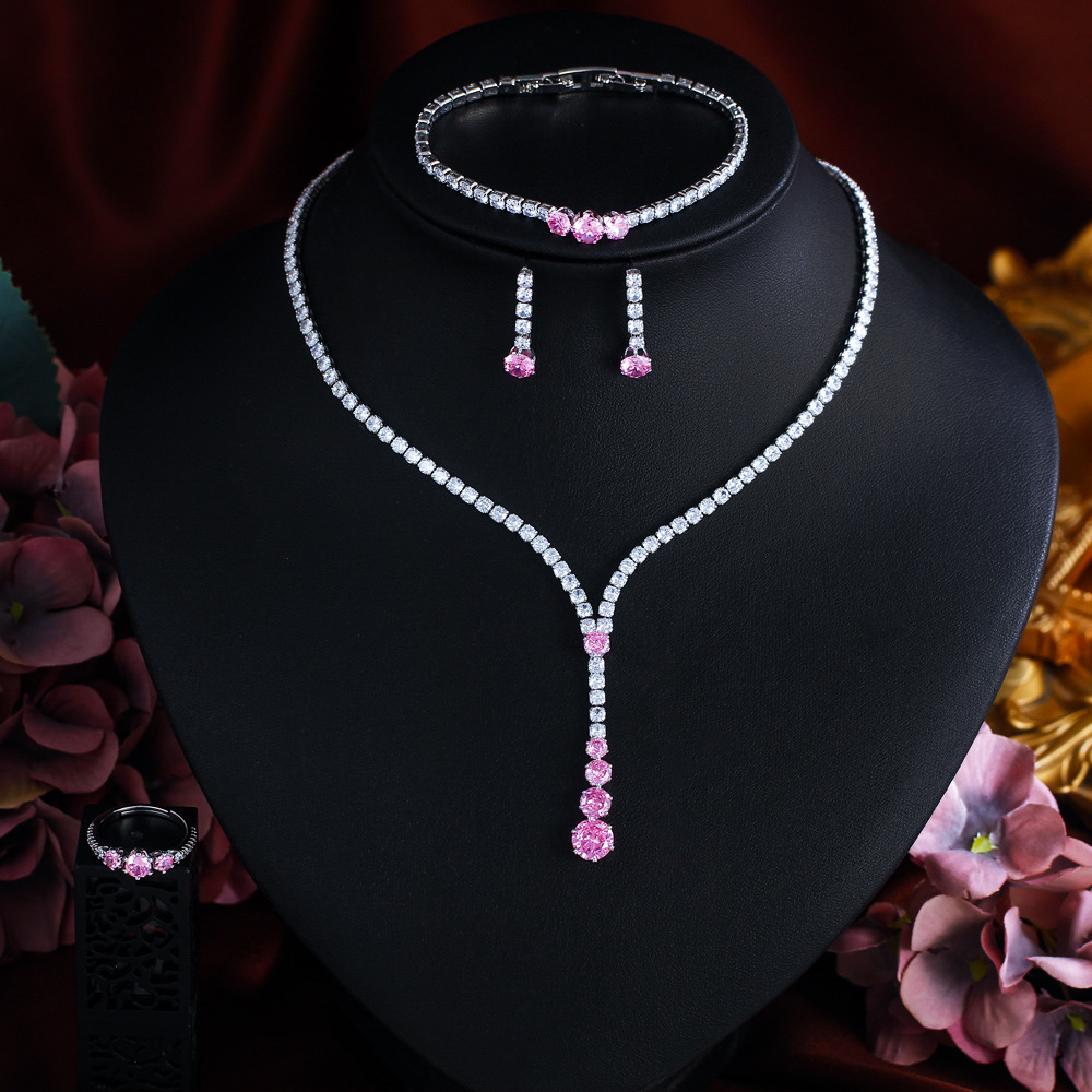 French-style minimalist luxury high-end princess pink zircon necklace, earrings bracelet and ring set - formal evening dress chain set